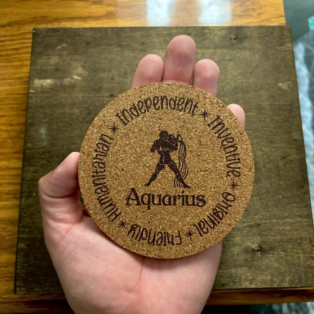 Aquarius Zodiac Sign Encircled Laser Engraved Cork Coaster